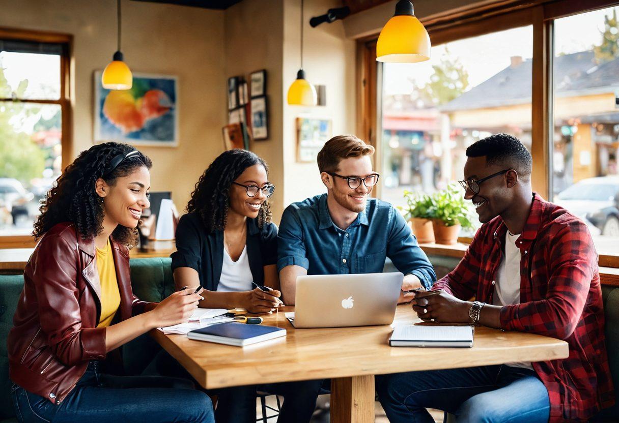 A diverse group of individuals gathered in a cozy, sunlit café, animatedly discussing ideas, with notebooks and digital devices in hand. Incorporate elements representing modern media, like social media icons and sound waves subtly integrated in the background. Vibrant expressions showcasing enthusiasm and creativity are essential. The warmth of local community spirit should radiate through the atmosphere. watercolor style. warm tones. light bokeh effect.