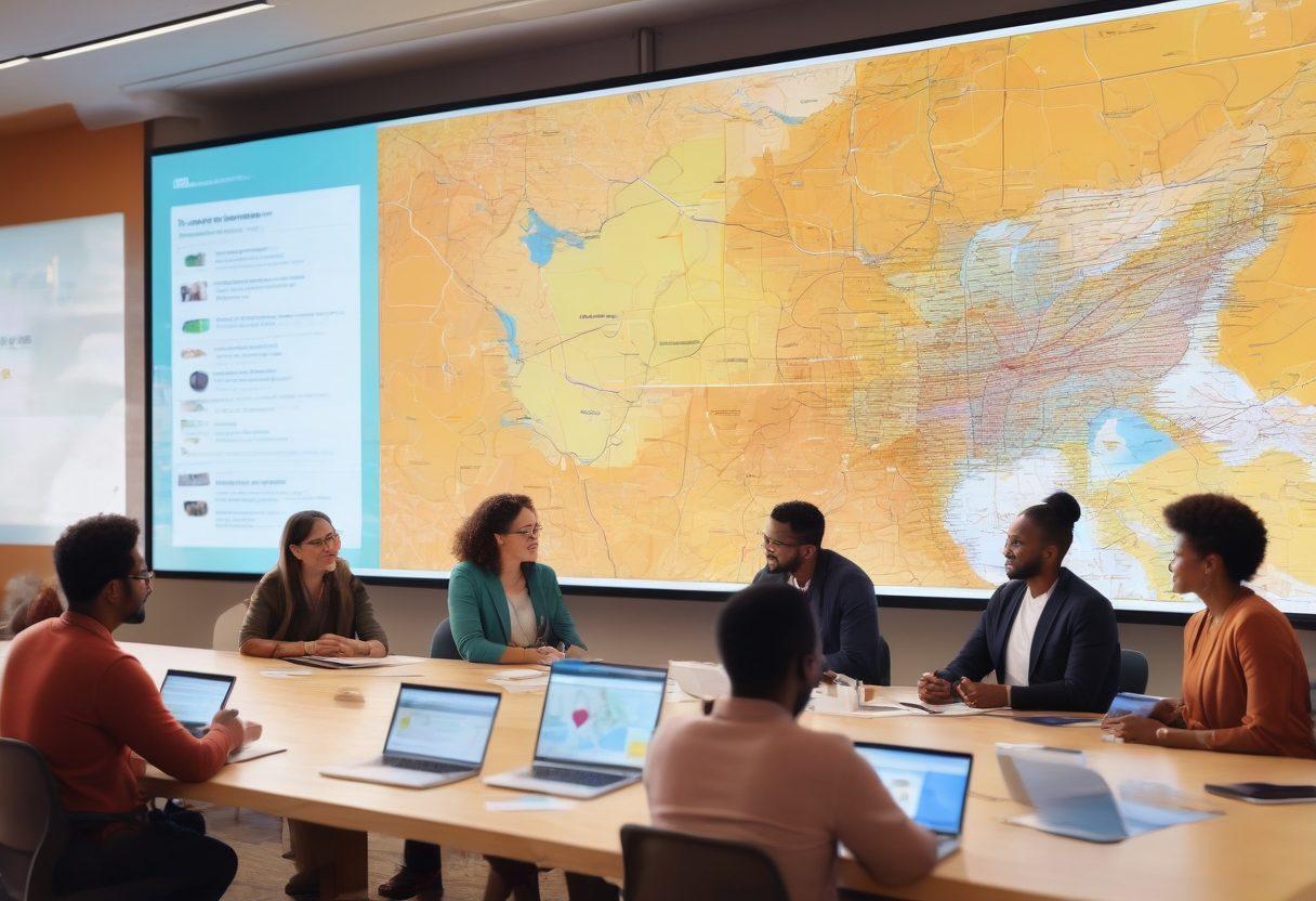 A vibrant community forum scene depicting diverse individuals engaged in lively discussions. Various screens display news articles and shared knowledge, emphasizing collaboration. A backdrop of a regional map with interconnected lines symbolizes unity and communication. The ambiance is warm and inviting, encouraging inclusivity and sharing. soft focus. bright colors. digital art.