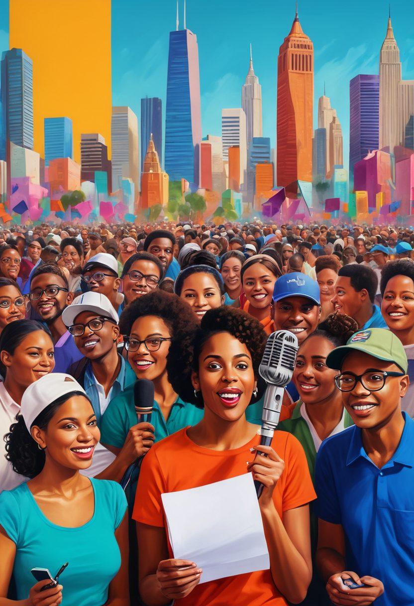 A vibrant community gathering featuring diverse local voices passionately sharing stories. Incorporate individuals of various backgrounds holding microphones, surrounded by notepads and cameras, symbolizing journalism. The background should feature colorful banners and the city's skyline, showcasing a sense of unity and interaction. Emphasize warmth and connection among people, creating an inviting atmosphere. painting. vibrant colors. 3D.